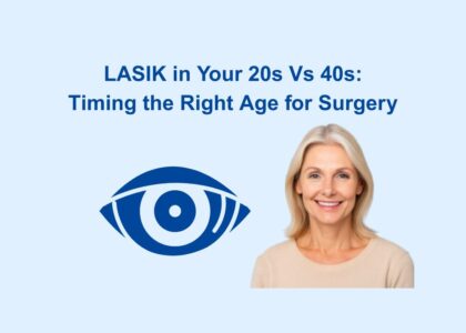 A digital infographic comparing LASIK eye surgery considerations in your 20s versus your 40s, highlighting differences in eye stability, recovery, and long-term outcomes.