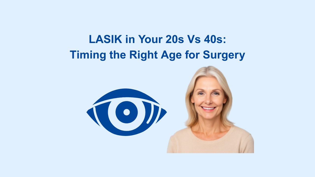 A digital infographic comparing LASIK eye surgery considerations in your 20s versus your 40s, highlighting differences in eye stability, recovery, and long-term outcomes.