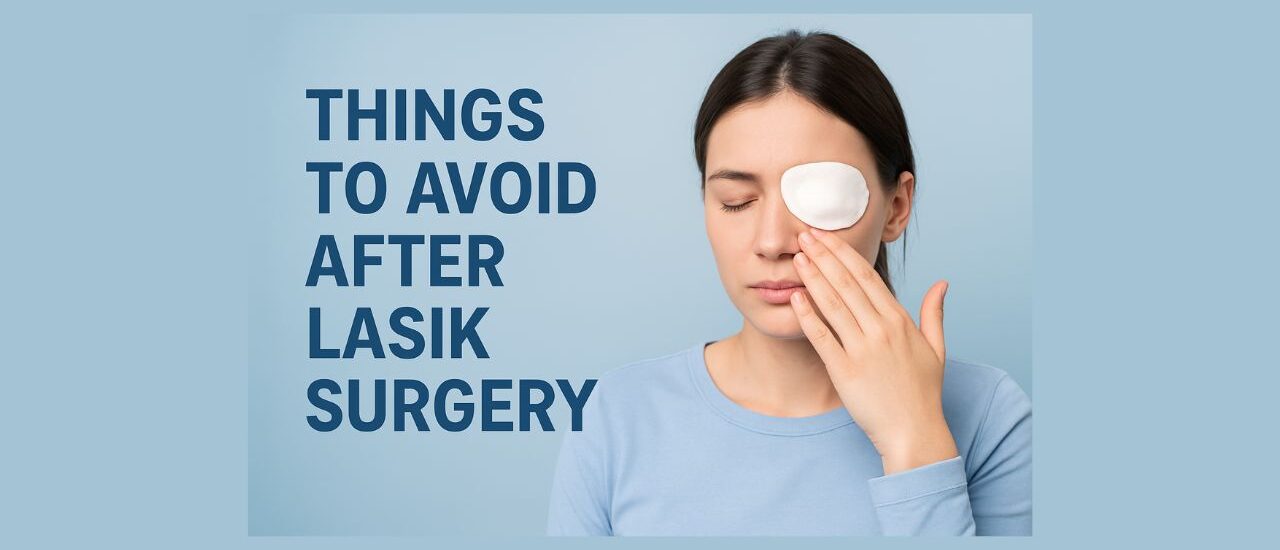 Woman protecting her eye after LASIK surgery with a white eye shield