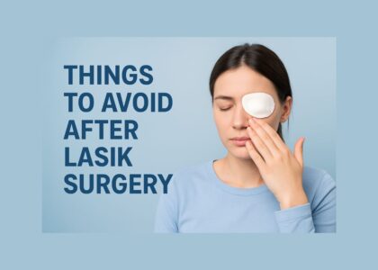 Woman protecting her eye after LASIK surgery with a white eye shield