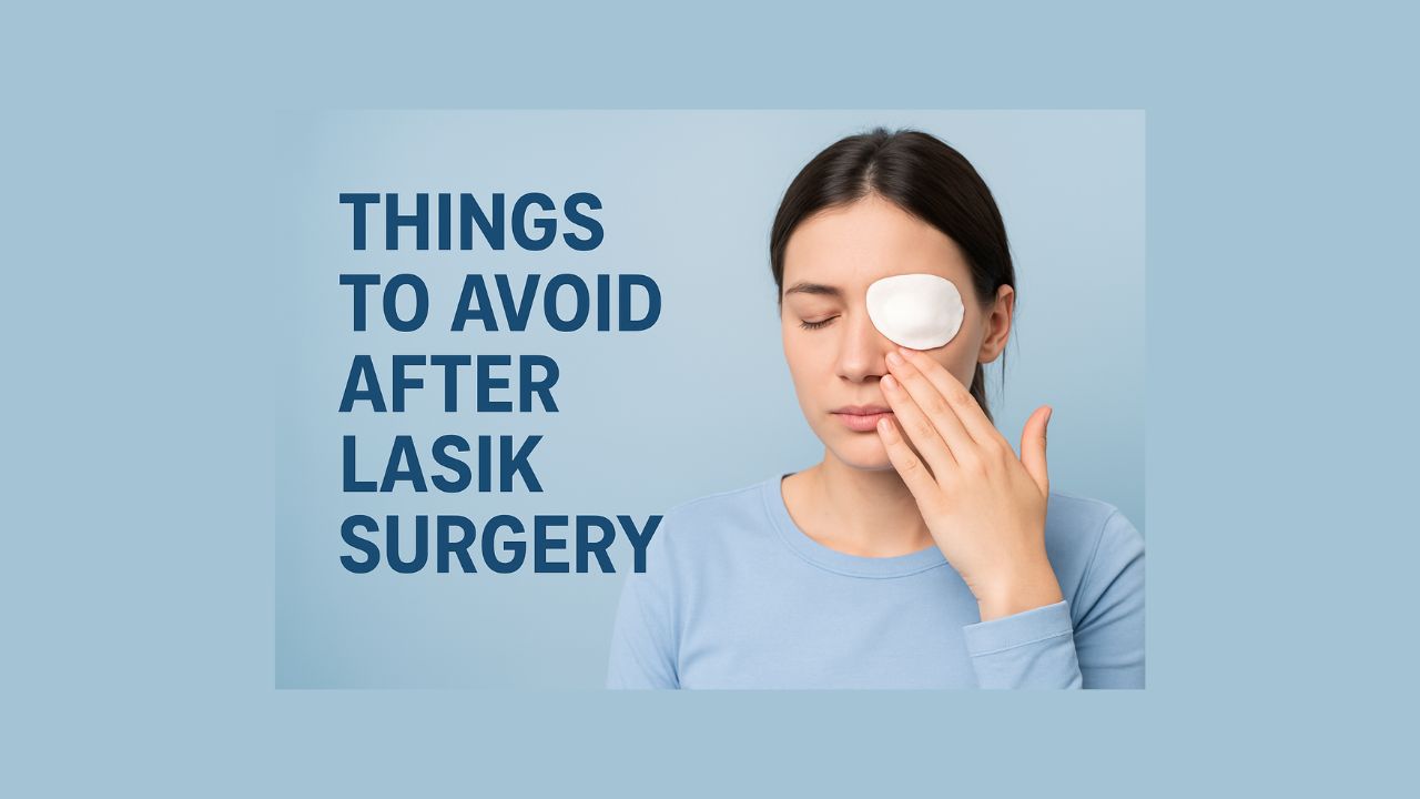 Woman protecting her eye after LASIK surgery with a white eye shield