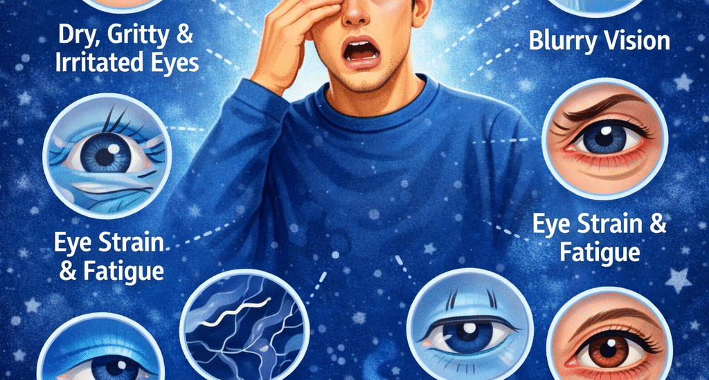 Illustration showing how poor sleep affects vision, including dry eyes, eye strain, blurred vision, red eyes, eye twitching, and increased risk of glaucoma.