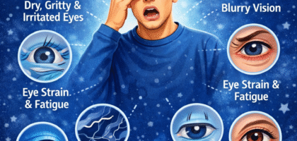 Illustration showing how poor sleep affects vision, including dry eyes, eye strain, blurred vision, red eyes, eye twitching, and increased risk of glaucoma.