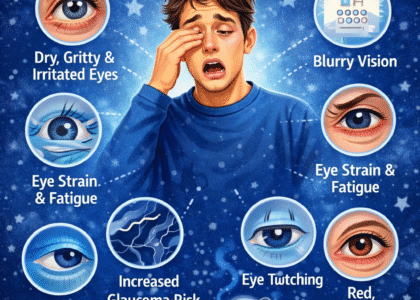 Illustration showing how poor sleep affects vision, including dry eyes, eye strain, blurred vision, red eyes, eye twitching, and increased risk of glaucoma.