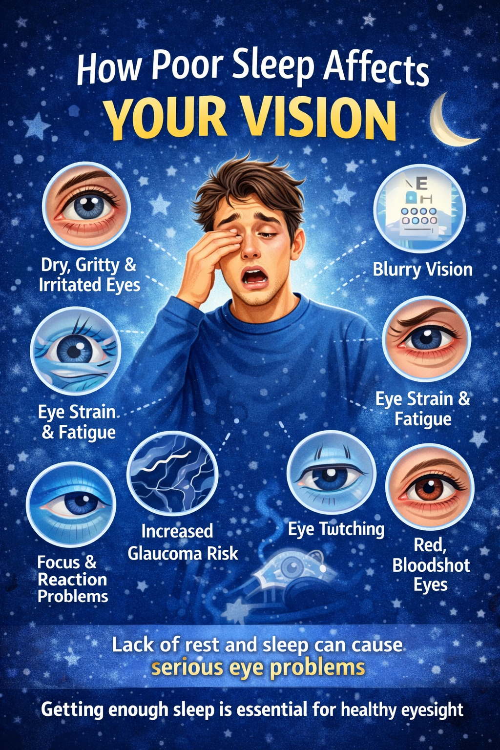 Illustration showing how poor sleep affects vision, including dry eyes, eye strain, blurred vision, red eyes, eye twitching, and increased risk of glaucoma.