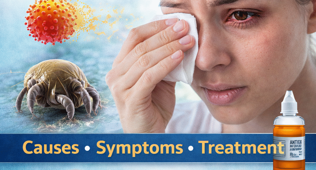 Woman suffering from eye allergy with red watery eyes showing symptoms like itching and redness along with treatment eye drops.