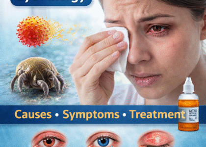 Woman suffering from eye allergy with red watery eyes showing symptoms like itching and redness along with treatment eye drops.