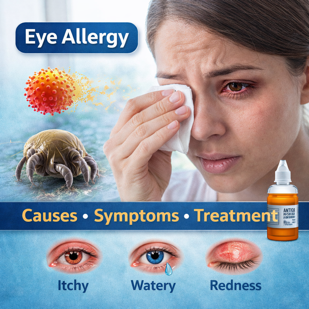Woman suffering from eye allergy with red watery eyes showing symptoms like itching and redness along with treatment eye drops.
