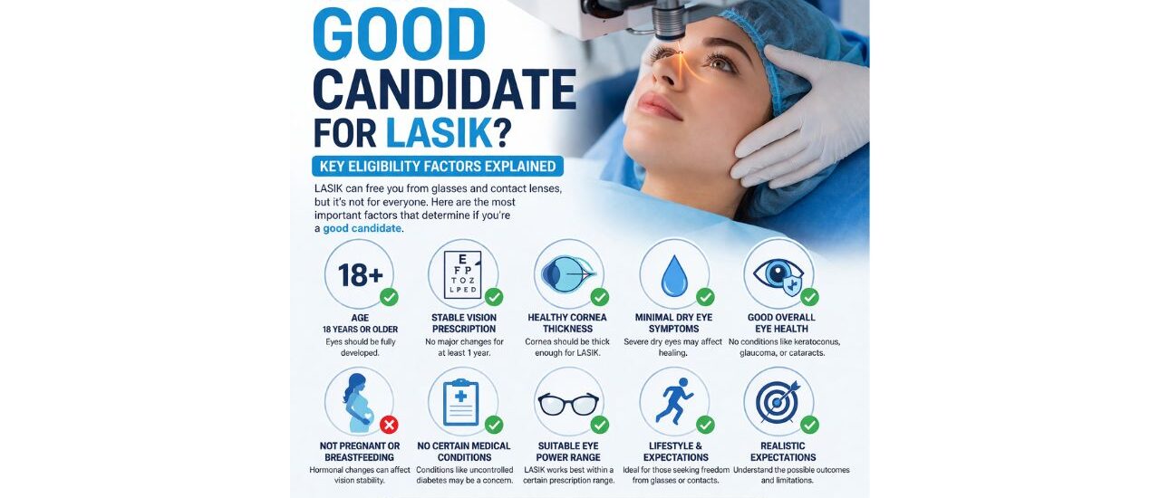 LASIK eligibility factors infographic showing criteria for good candidates