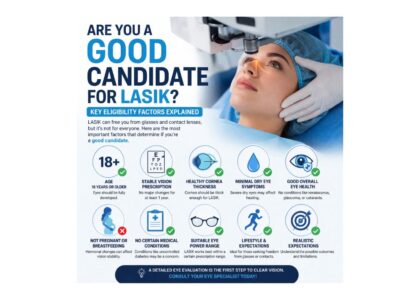 LASIK eligibility factors infographic showing criteria for good candidates