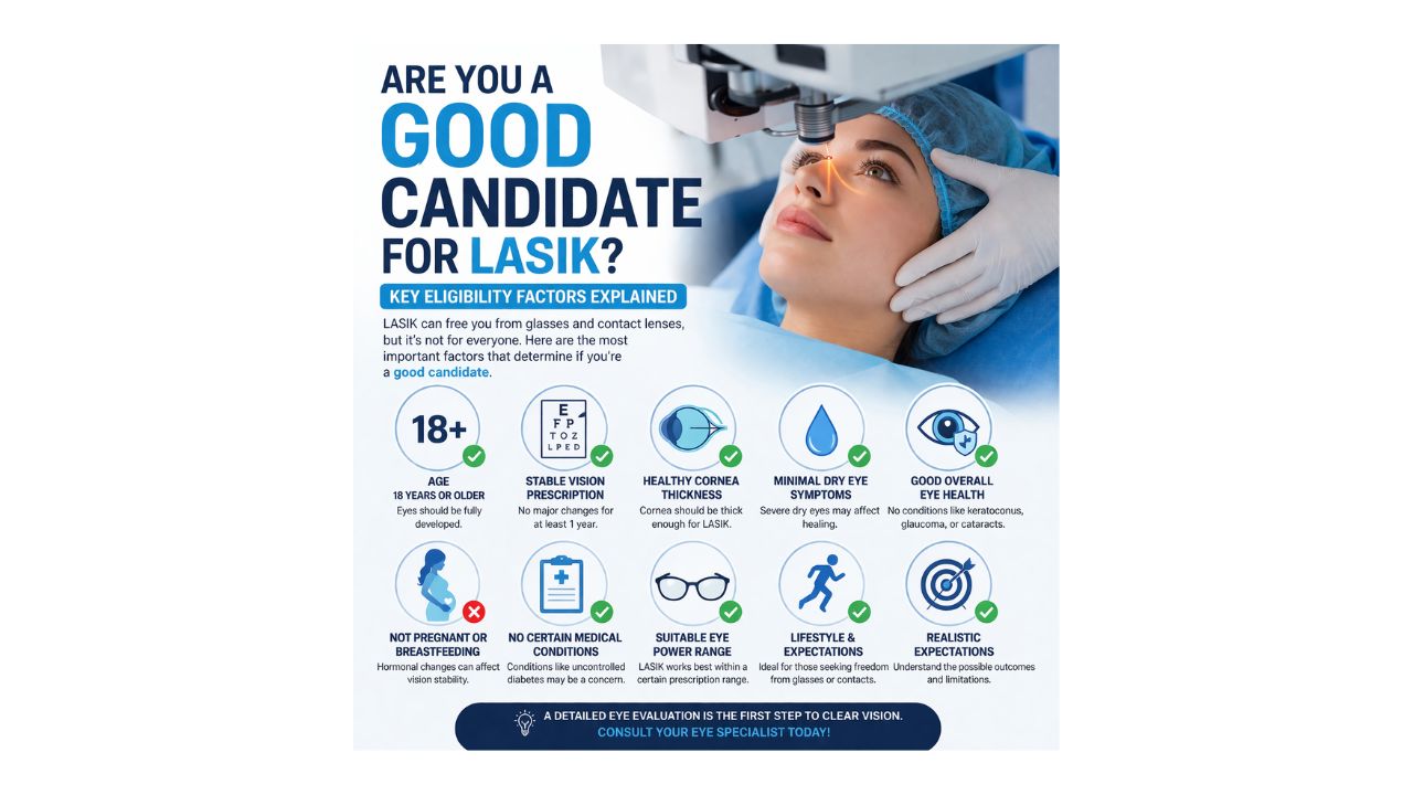 LASIK eligibility factors infographic showing criteria for good candidates