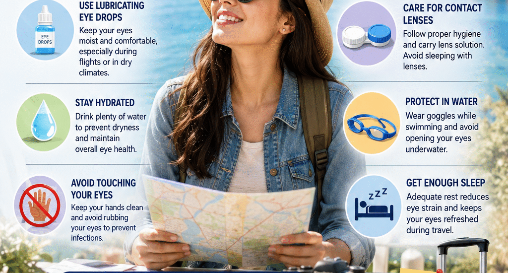 Traveler wearing UV-protective sunglasses while exploring outdoors with eye care tips for protecting vision during travel, including hydration, eye drops, contact lens hygiene, and UV protection.