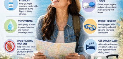 Traveler wearing UV-protective sunglasses while exploring outdoors with eye care tips for protecting vision during travel, including hydration, eye drops, contact lens hygiene, and UV protection.