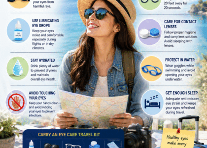 Traveler wearing UV-protective sunglasses while exploring outdoors with eye care tips for protecting vision during travel, including hydration, eye drops, contact lens hygiene, and UV protection.