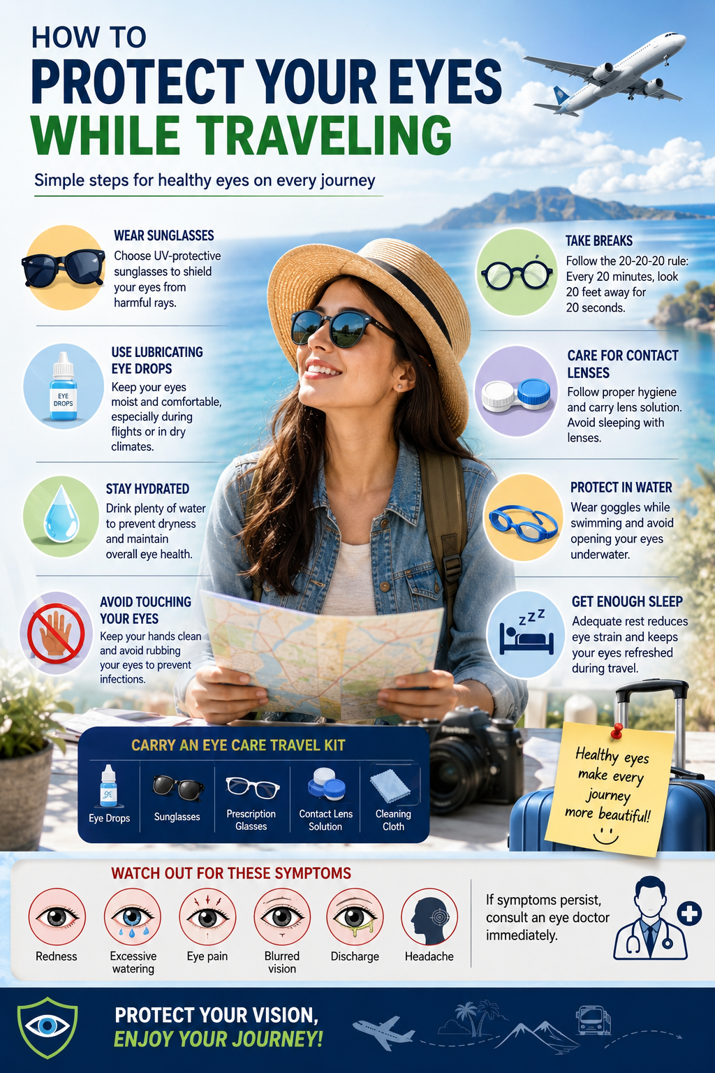 Traveler wearing UV-protective sunglasses while exploring outdoors with eye care tips for protecting vision during travel, including hydration, eye drops, contact lens hygiene, and UV protection.