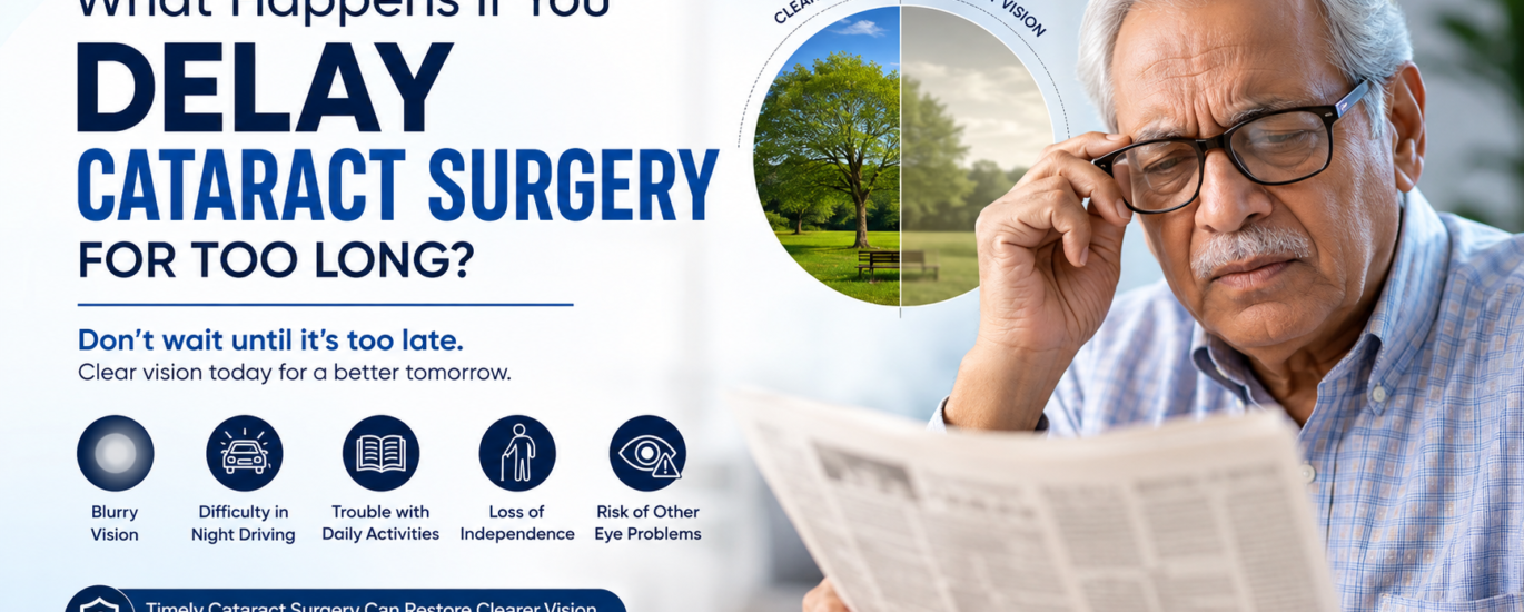 Older man experiencing blurred vision due to cataract while reading, illustrating the effects of delaying cataract surgery.