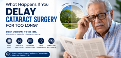 Older man experiencing blurred vision due to cataract while reading, illustrating the effects of delaying cataract surgery.