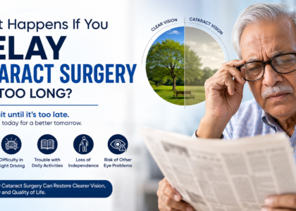 Older man experiencing blurred vision due to cataract while reading, illustrating the effects of delaying cataract surgery.