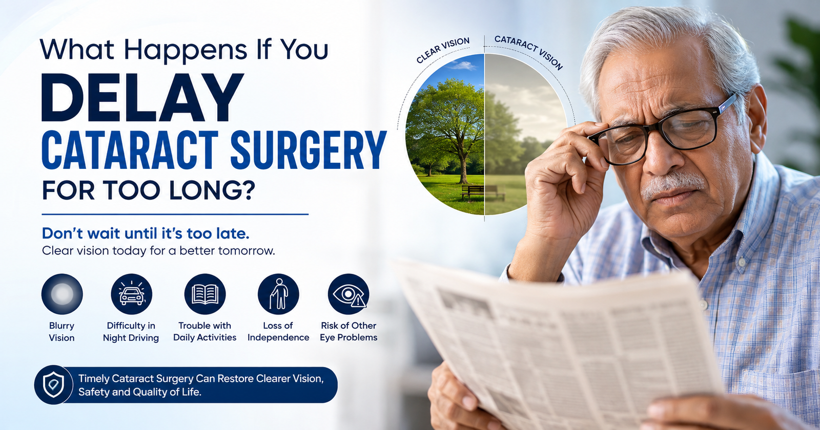 Older man experiencing blurred vision due to cataract while reading, illustrating the effects of delaying cataract surgery.