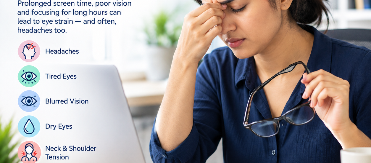Headaches and eye strain caused by prolonged screen use