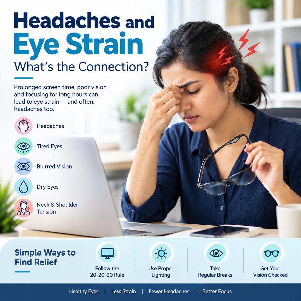 Headaches and eye strain caused by prolonged screen use